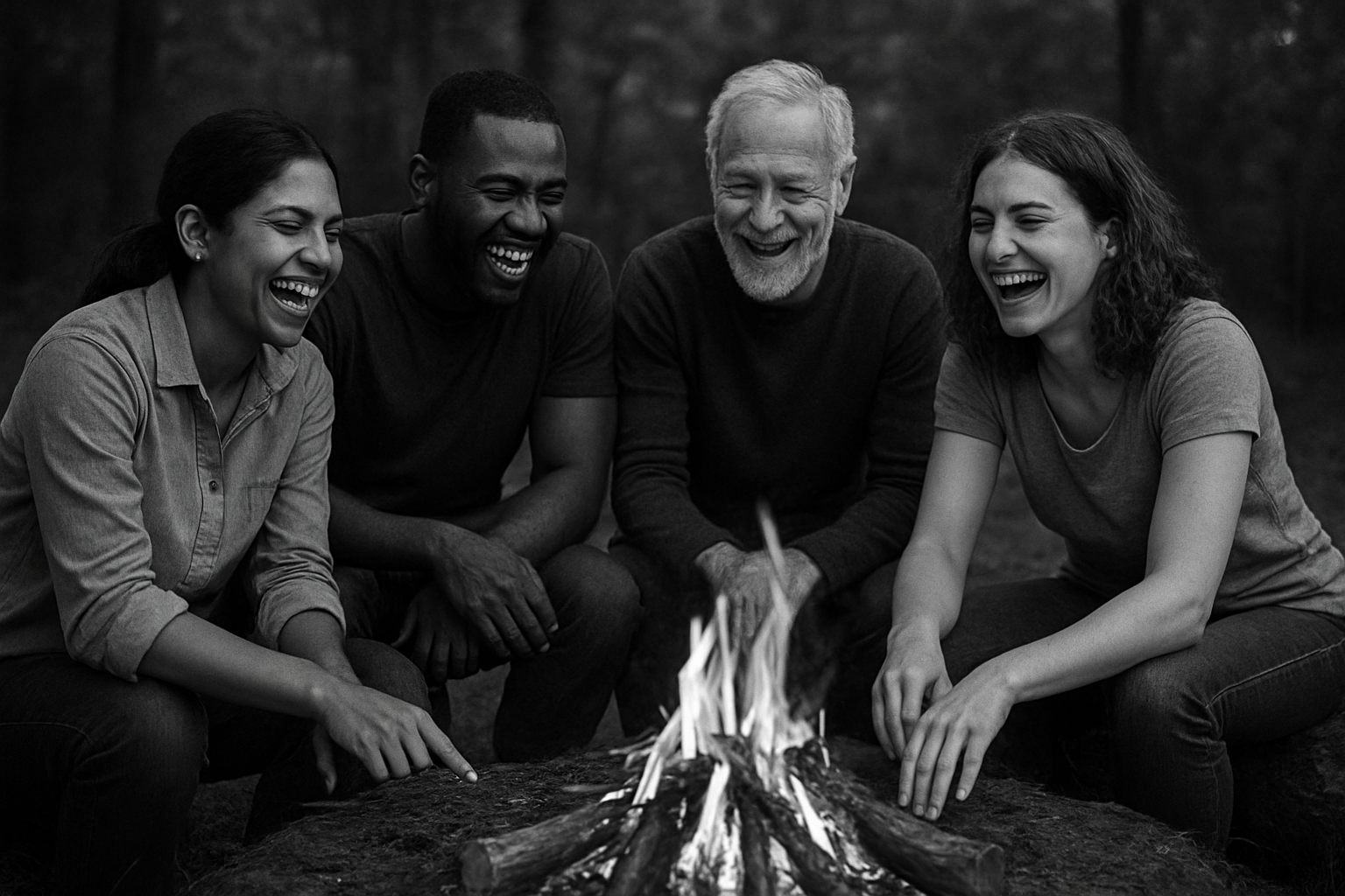 Team gathering around campfire - collaboration and values